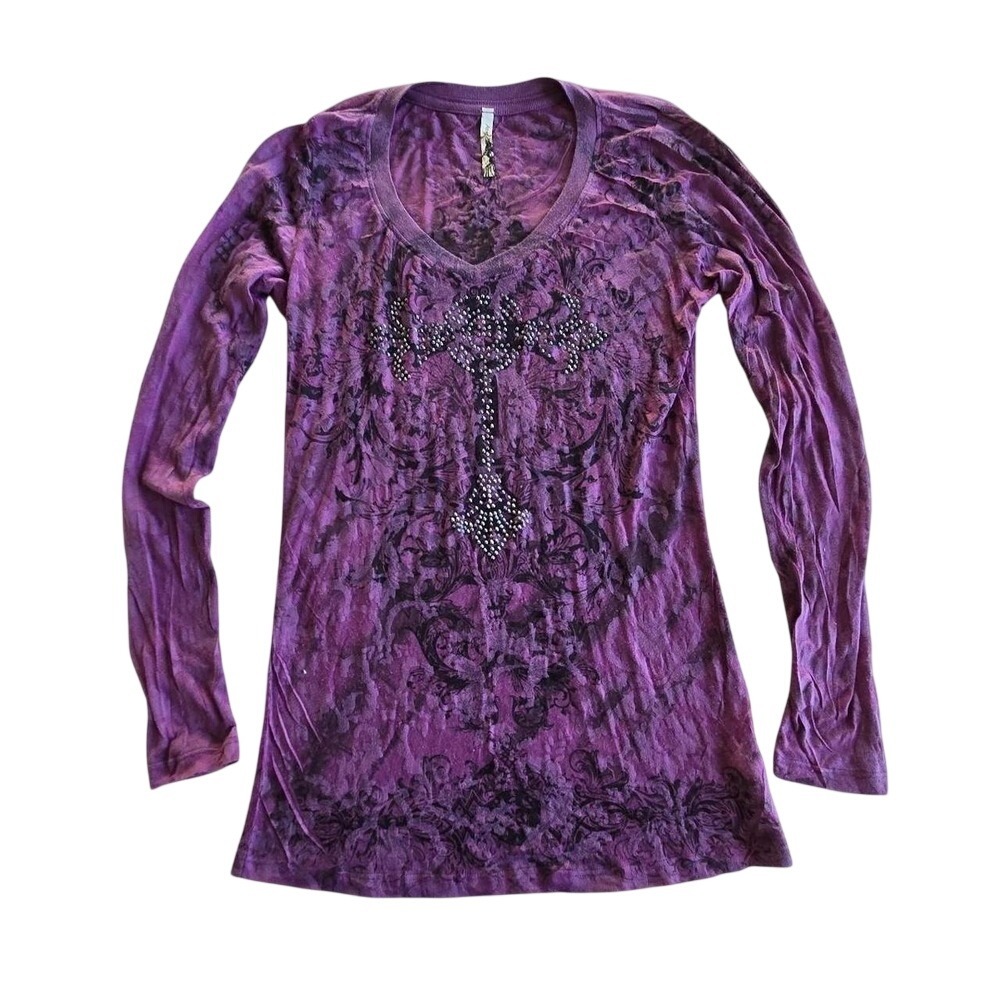 VTG y2k alt grunge embellished cross long sleeve sheer graphic tee American Age
